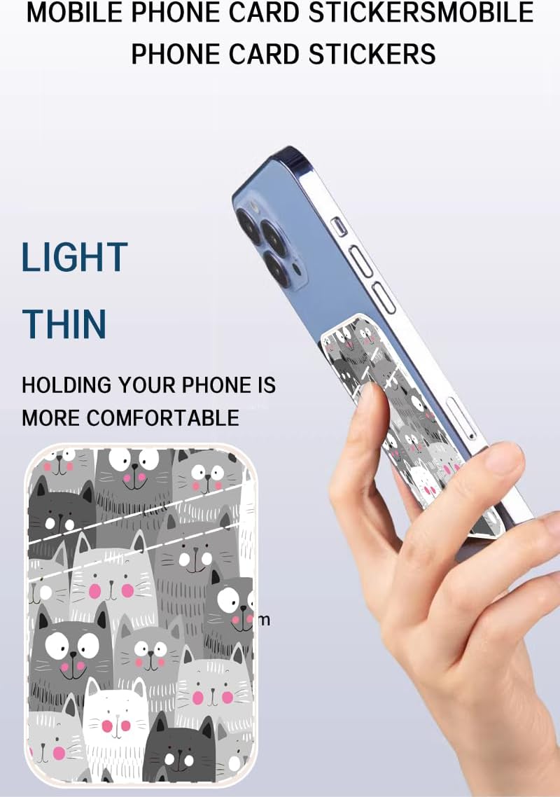 AOHRO Dual Pocket Leather Phone Wallet Adhesive Stick On, Cute Card Holder, Credit Card Holder for Phone Case, Grey Cute Cats - Image 3